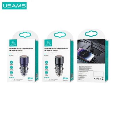 Автомобильное зарядное устройство USAMS US-CC176 C36 95W Aluminum alloy transparent USB+USB-C Mini black