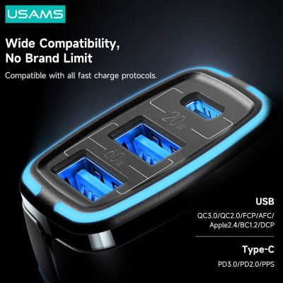 Автомобильное зарядное устройство USAMS CC126 80W Dual USB + PD Black