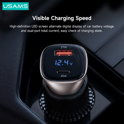 Автомобильное зарядное устройство USAMS CC154 45W Dual USB Display Silver