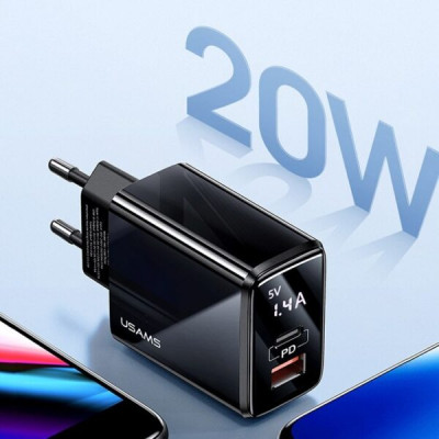 Сетевое зарядное устройство Fast Charger Usams T40 USBType-C QCPD3.0 20W 3A Digital Display Black